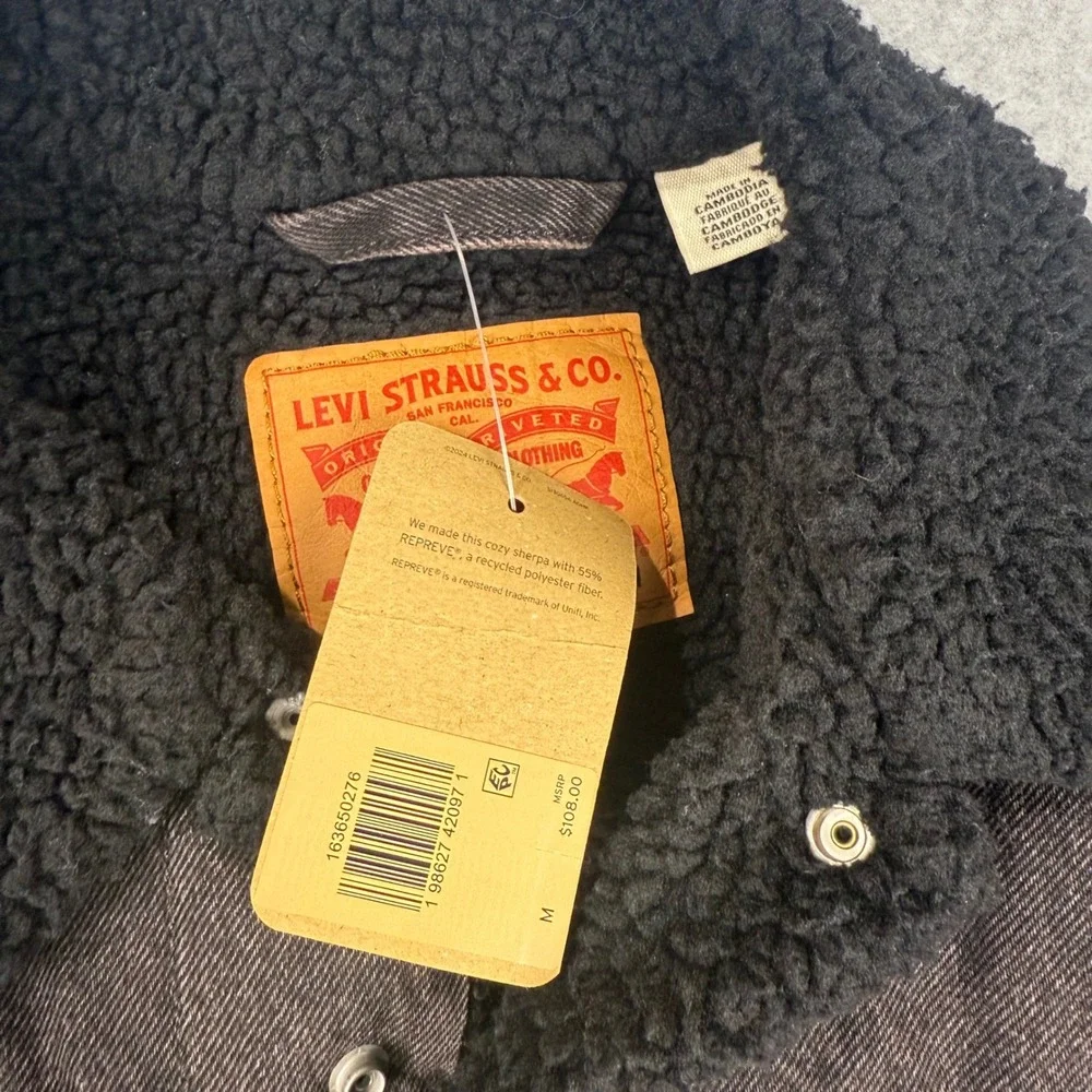 Levis Mens Sherpa Trucker Jacket Washed Black Denim Type III Coat 16365-0276 M